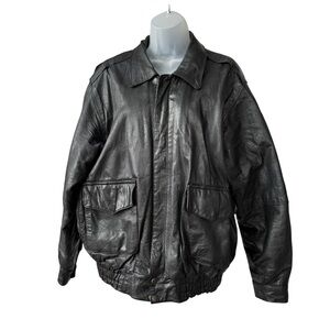 Vtg 90s Unik Men's Black Leather Bomber Jacket - Classic Flight Style large